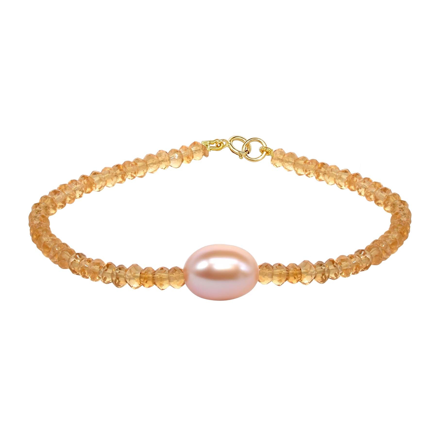 14k Citrine Pink Pearl Bracelet 7.5" freeshipping - Jewelmak Shop