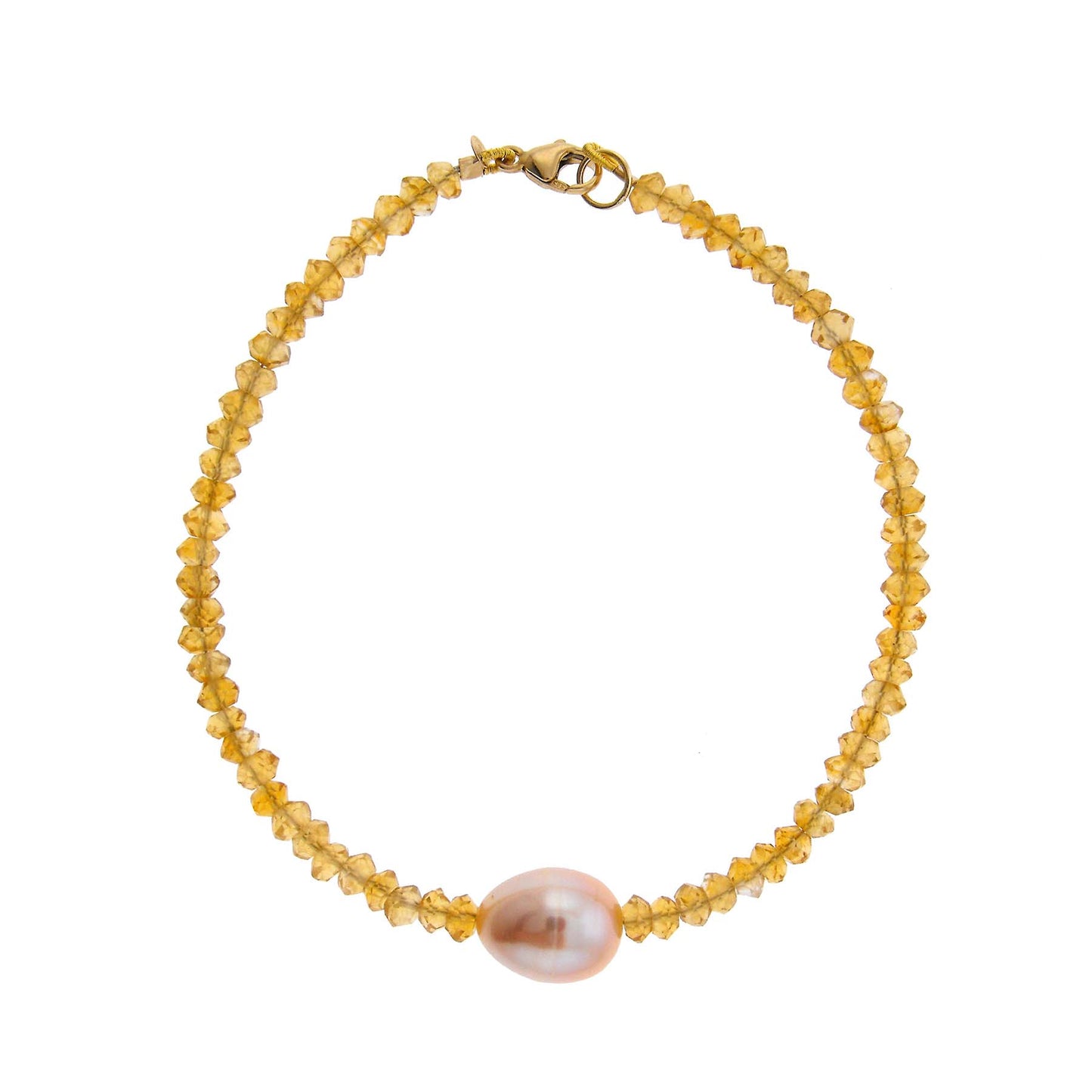 14k Citrine and Pink Freshwater Pearl Bracelet 6.5-7.5"