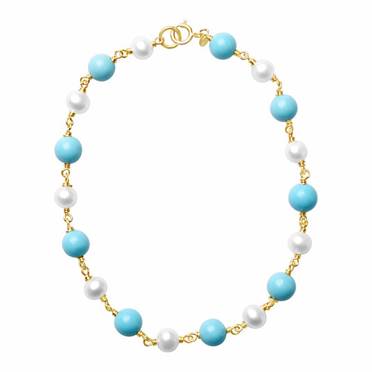 14k Turquoise and Freshwater Pearls Round 1x1 Link Bracelet 7.5" freeshipping - Jewelmak Shop