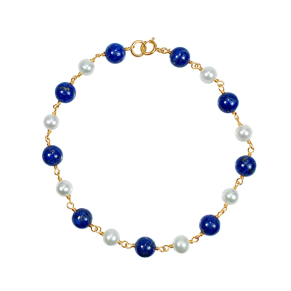 14k Gold White Freshwater Pearl Lapis Link Bracelet 7.5" freeshipping - Jewelmak Shop