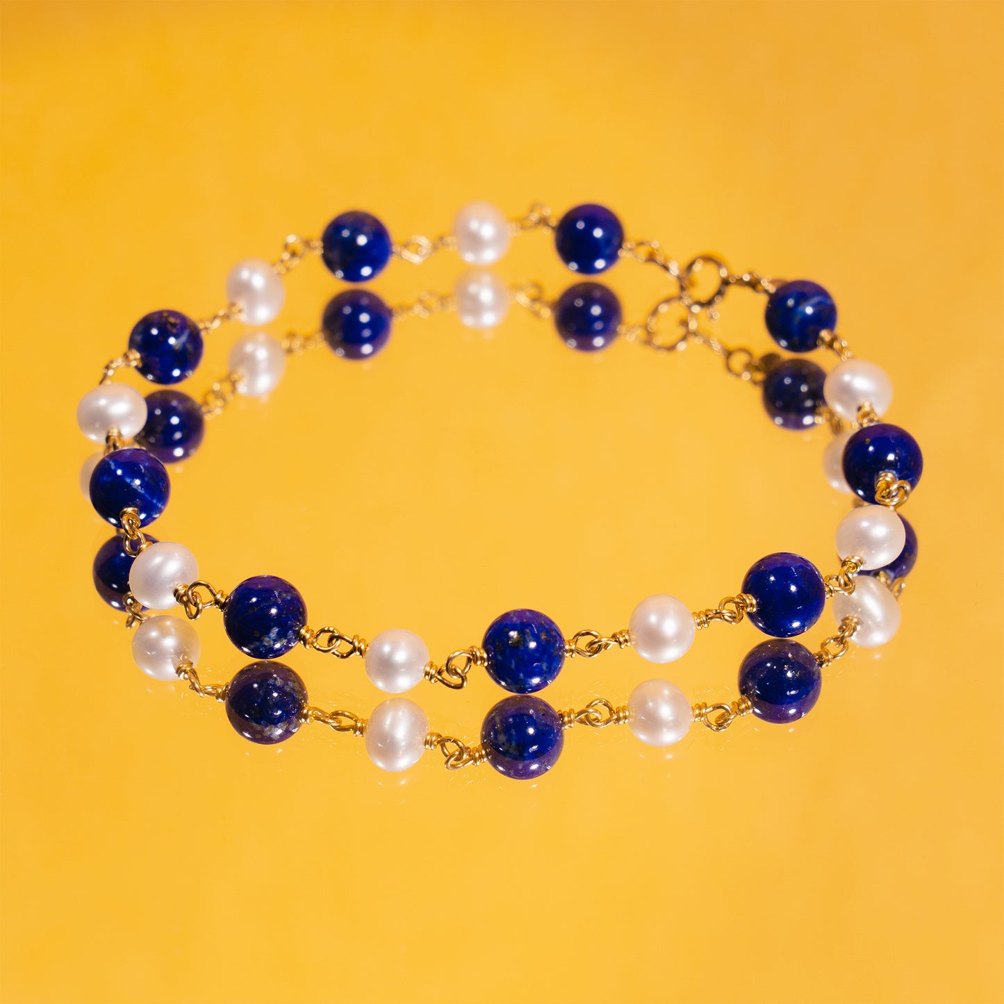 14k White Freshwater Pearl Lapis Link Bracelet 6-8"