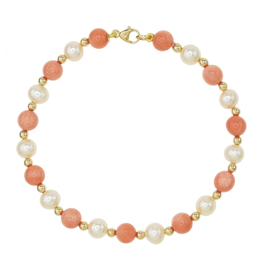 14k White Freshwater Pearl and Pink Coral 7.5" Bracelet freeshipping - Jewelmak Shop