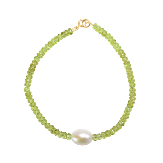 14k Peridot White Freshwater Pearl Bracelet 7.5"