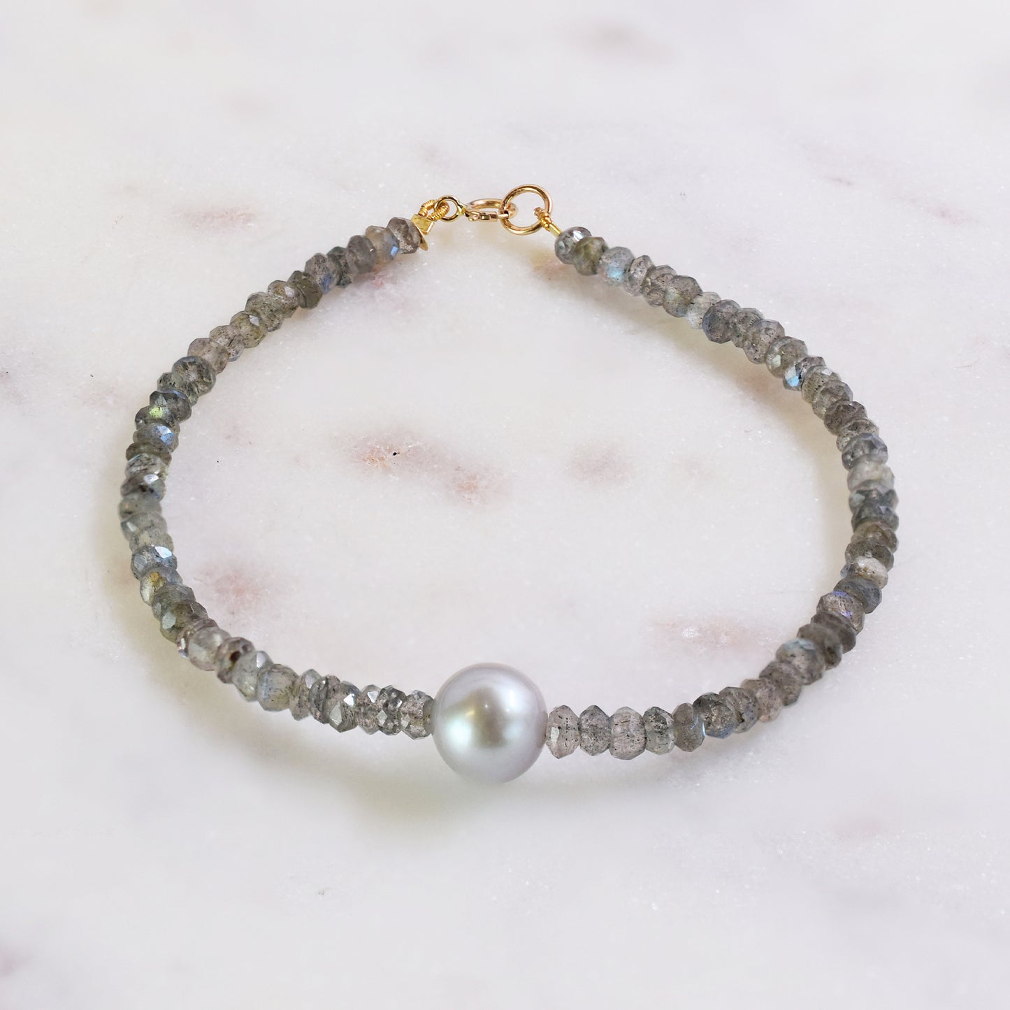 14k Labradorite Silver Grey Freshwater Pearl Bracelet 7.5"