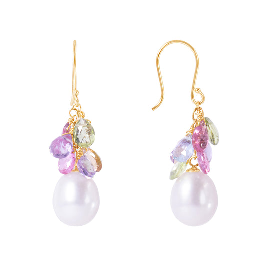 14k White Freshwater Pearl, Peridot, Blue Topaz, Pink Tourmaline, and Amethyst Dangle Earring