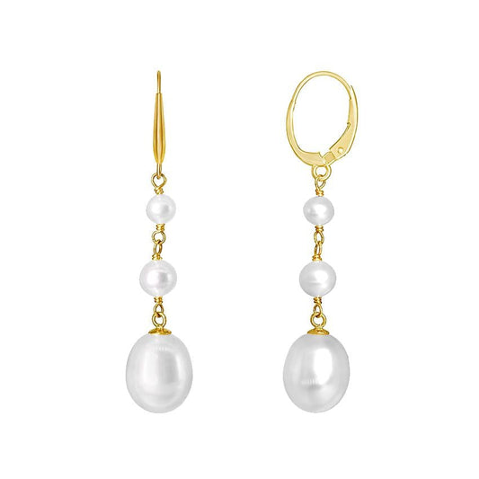 14k White Freshwater Pearls Round 3 Link Drop Lever Back Earring freeshipping - Jewelmak Shop