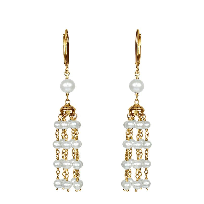 14k White Pearls Chandelier Hoop Earring freeshipping - Jewelmak Shop