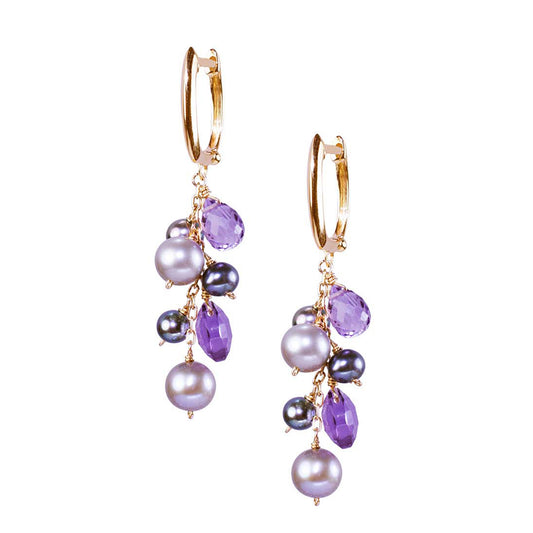 14k Grey Freshwater Pearl Amethyst Huggie Hoop Earrings