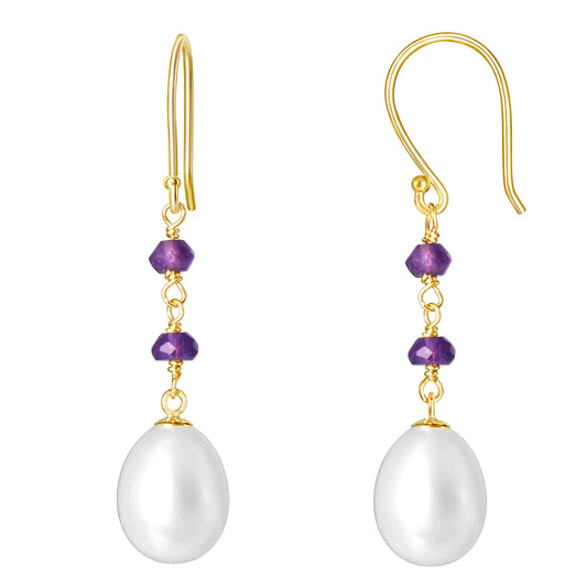 14k White Freshwater Pearl Amethyst Hook Earring