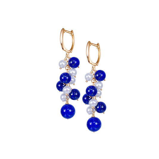 14k White Freshwater Pearl Lapis Huggie Hoop Dangle Earring freeshipping - Jewelmak Shop