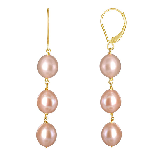 14k Natural Pink Pearls Triple Link Leverback Earrings freeshipping - Jewelmak Shop