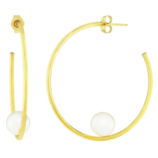 14k White Freshwater Pearl 1.5mmx40mm Hoop Earrings