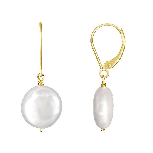 14k White Coin Pearl Leverback Earring freeshipping - Jewelmak Shop