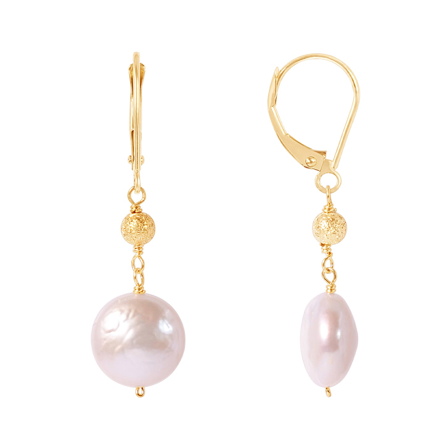 14k White Freshwater Coin Pearl Gold Ball Leverback Earrings