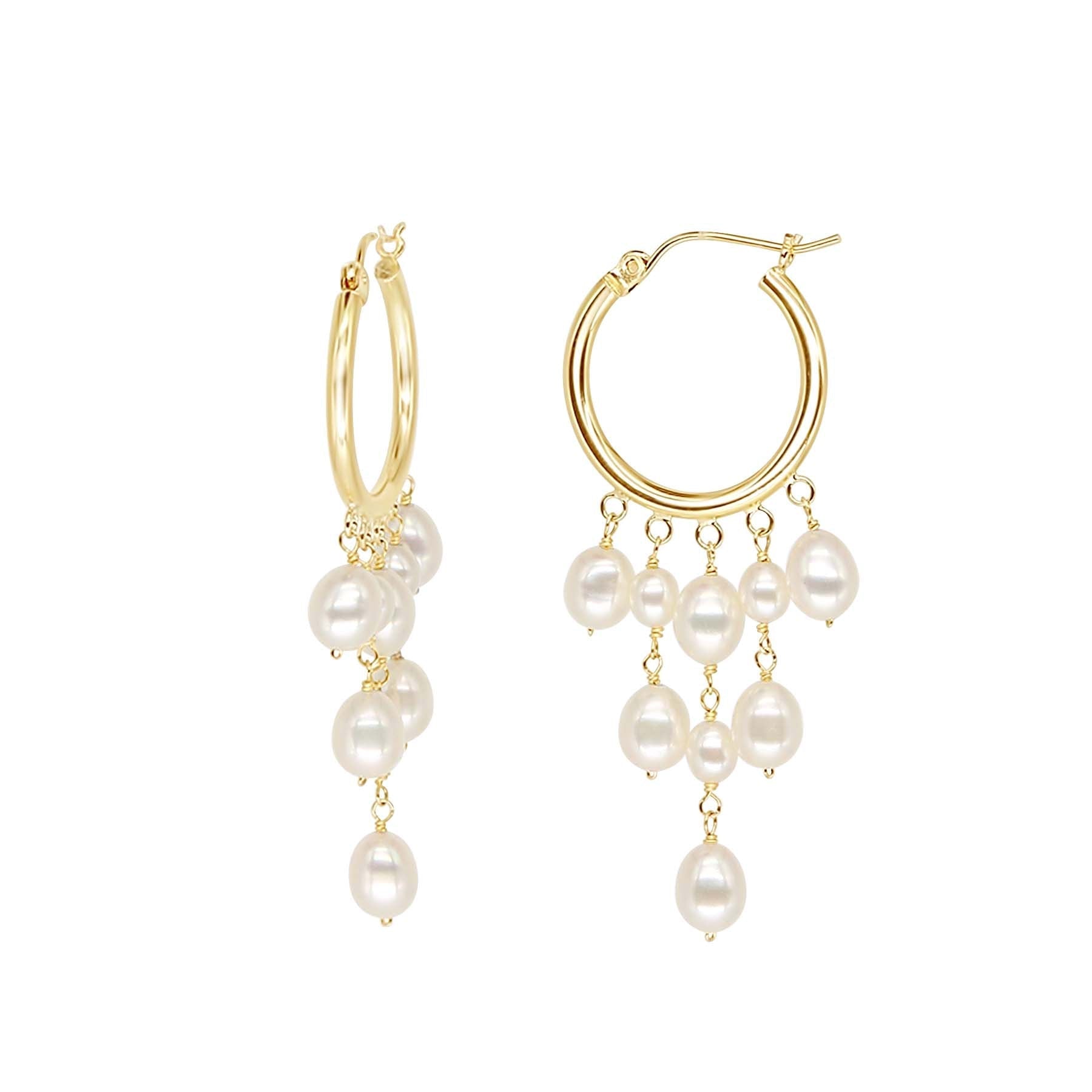 14k White Pearl Chandelier Hoop Earrings freeshipping - Jewelmak Shop