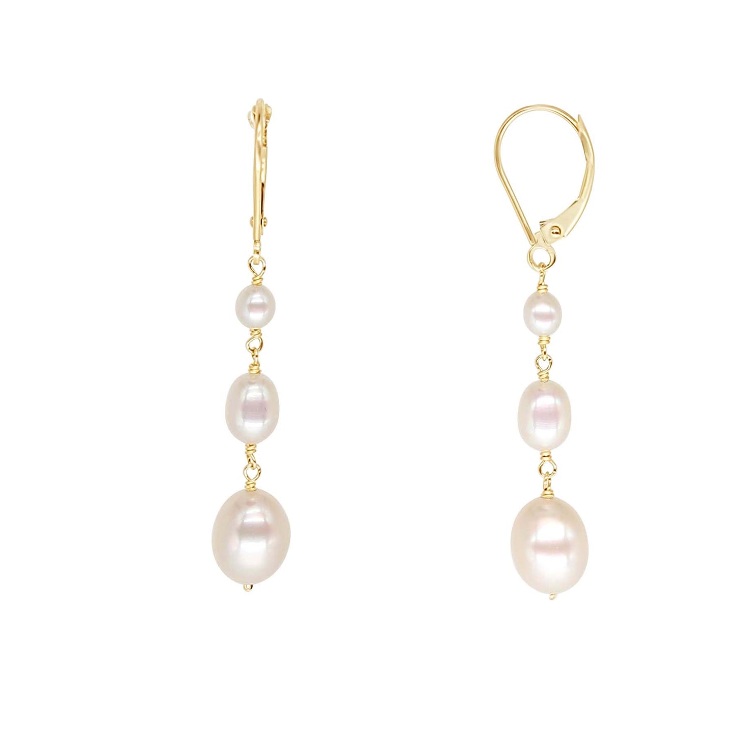 14k White Pearl Triple Drop Leverback Earring freeshipping - Jewelmak Shop