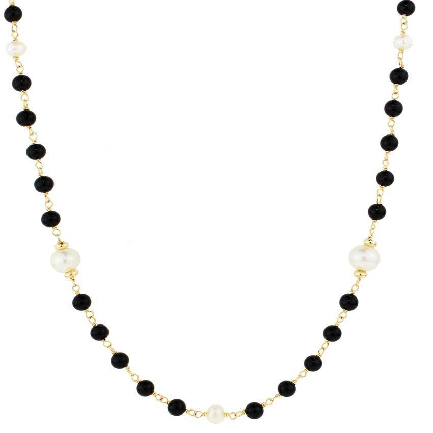 14k Black Onyx and White Freshwater Pearl Necklace 36" freeshipping - Jewelmak Shop