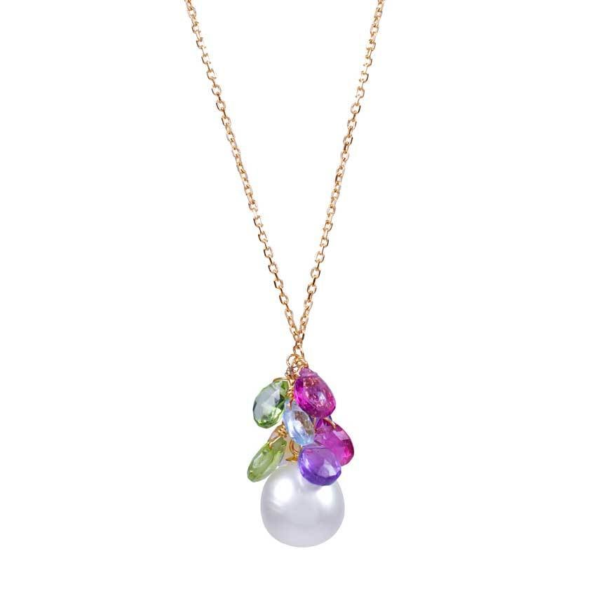 14k White OBL Freshwater Pearls, Peridot, Blue Topaz, Pink Tourmaline, and Amethyst Necklace 17" freeshipping - Jewelmak Shop