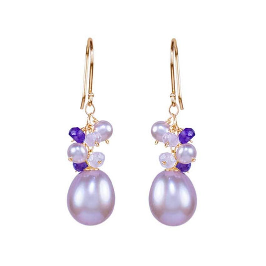 14k Pink Pearl, Amethyst. and Rose Quartz Hook Earring freeshipping - Jewelmak Shop